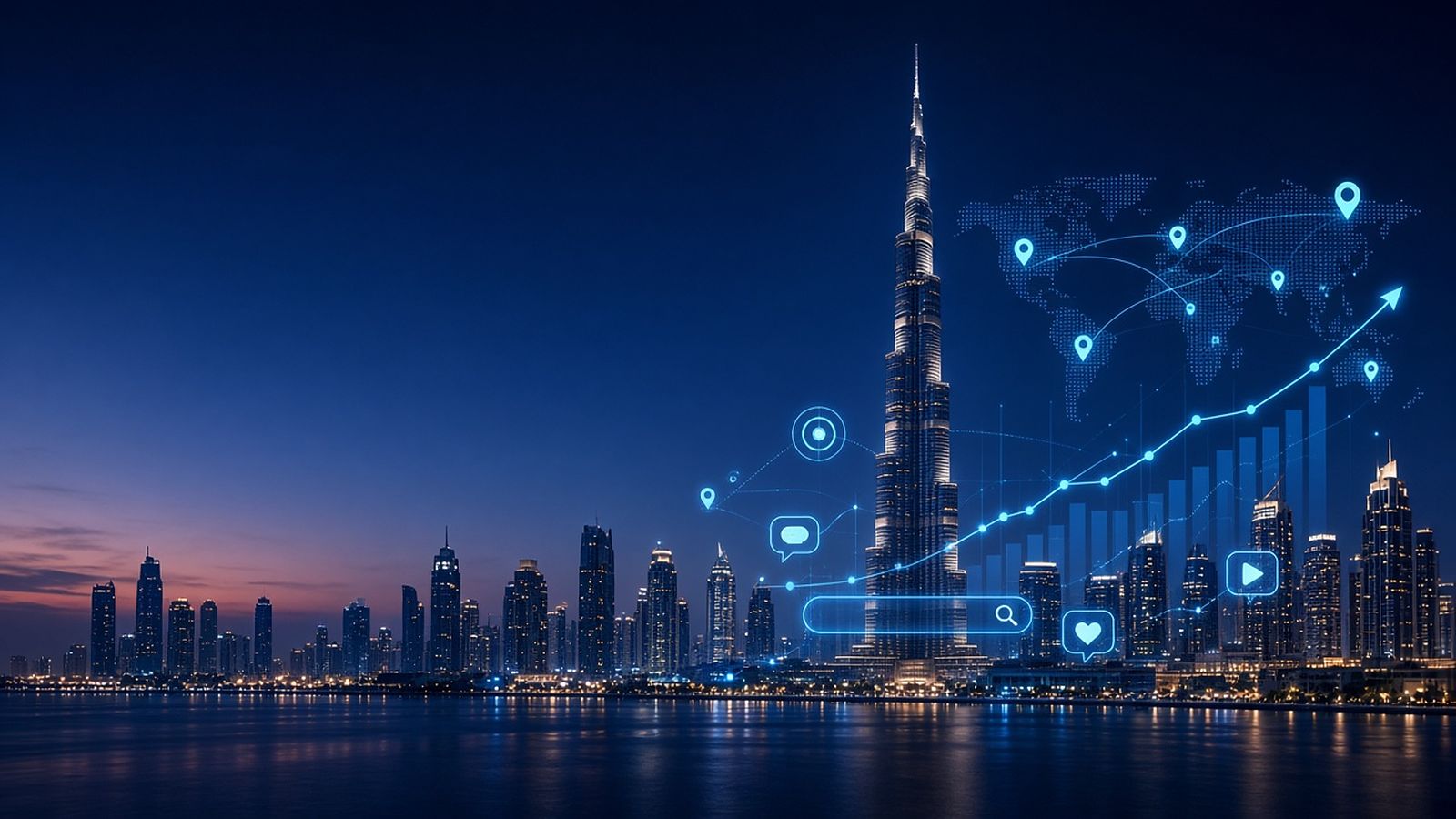 Digital marketing agency in Dubai: Dubai skyline with search, map and growth icons